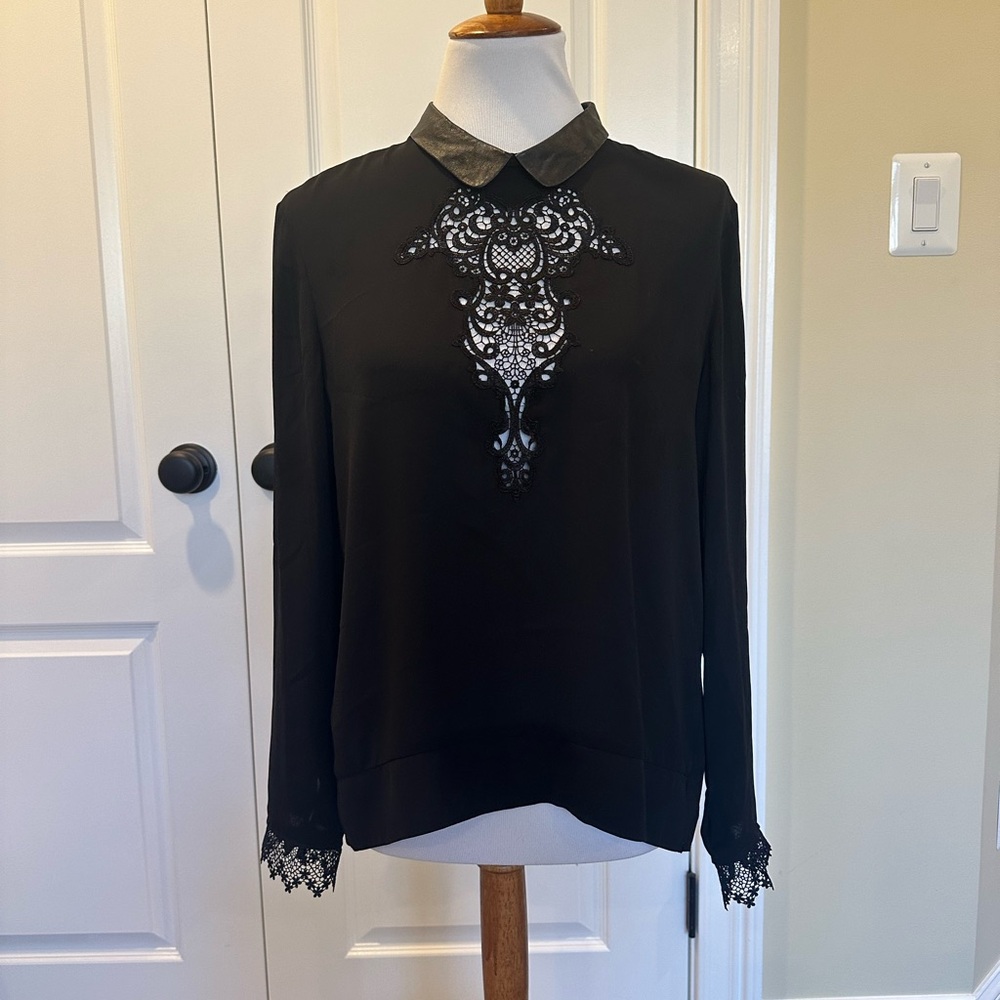 The kooples black lambs leather trim embroidered lace blouse womens size XL